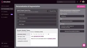 Storylane interactive demo builder showing personalization and multi-chapter demo features
