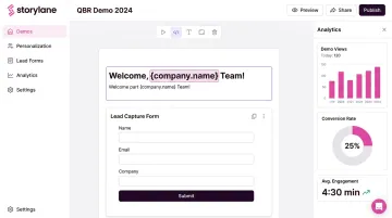 Storylane interactive demo platform interface showing personalization and lead capture features