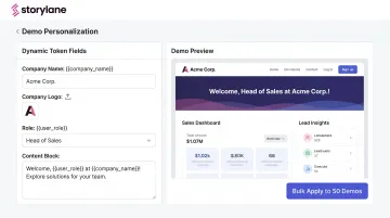 Storylane demo personalization interface showing dynamic token customization for prospects