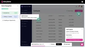 Storylane interactive product demo interface showing guided walkthrough and lead capture
