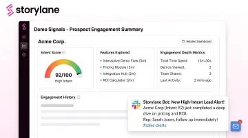 Storylane Demo Signals dashboard showing prospect engagement intent score and feature activity