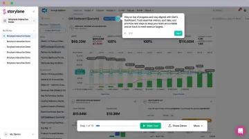 Storylane interactive demo platform showing clickable product walkthrough with AI voiceover