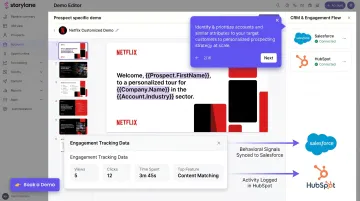 Storylane personalized demo interface showing engagement tracking and CRM integration dashboard